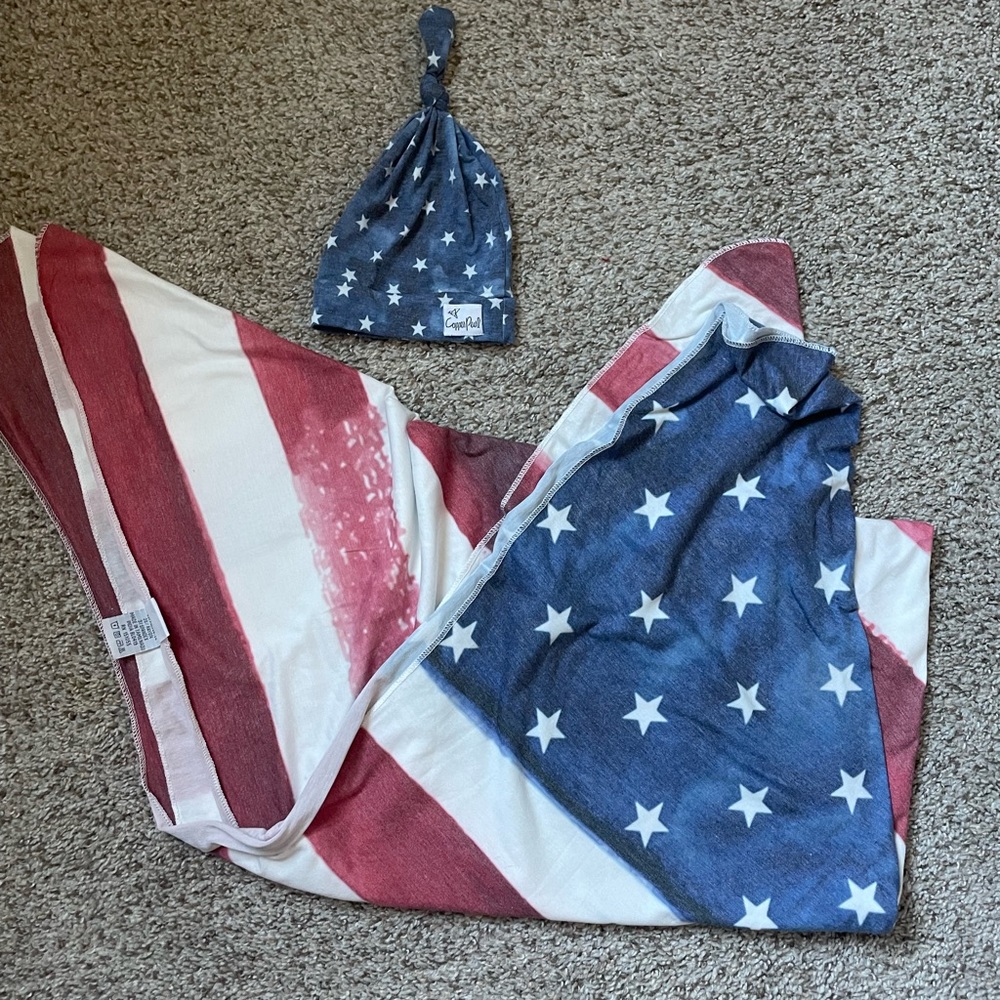 Copper Pearl American Flag Swaddle and Hat Set